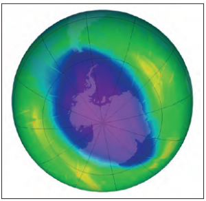 Fotoğraf 4.8 Ozon tabakasının seyreldiği yerlerden biri Antarktika’nın üzeridir (Mor renkli alan, seyrelen kısmı göstermektedir.).