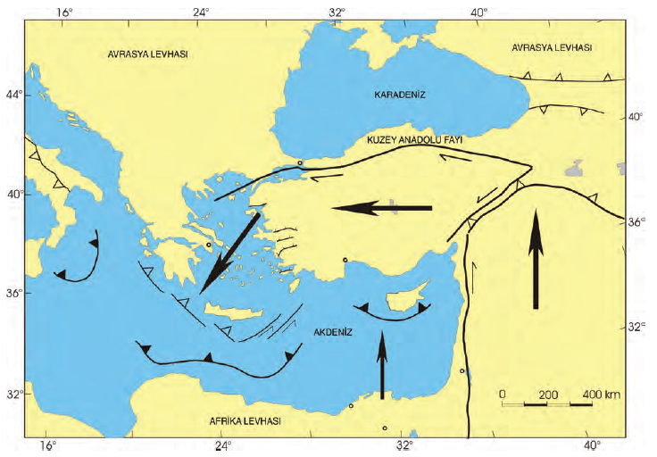 Harita 1.2 Türkiye; Arabistan, Afrika ve Avrasya levhaları arasında yer alır.