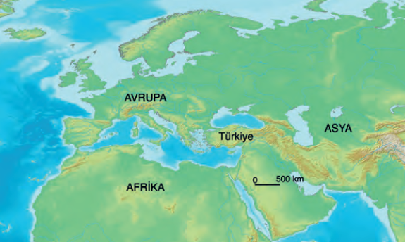 Harita 1.5.18 Türkiye Avrupa, Asya ve Afrika’nın birbirine en yakın olduğu alanda bulunmaktadır.