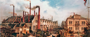 Resim 3.7 Almanya’da sanayinin ilk geliştiği dönemlerde demir yolu araçları üreten bir fabrika