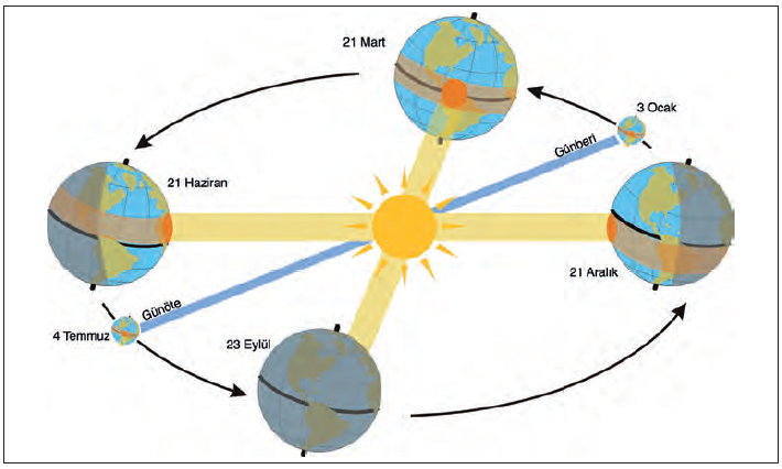 Şekil 1.2.2 Belirli günlerde Dünya’nın Güneş’e karşı konumu